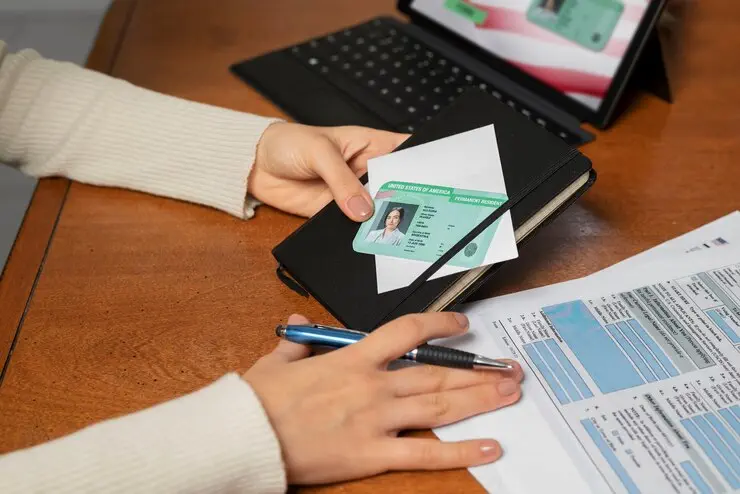 Person reviewing a Permanent Resident card and application forms.