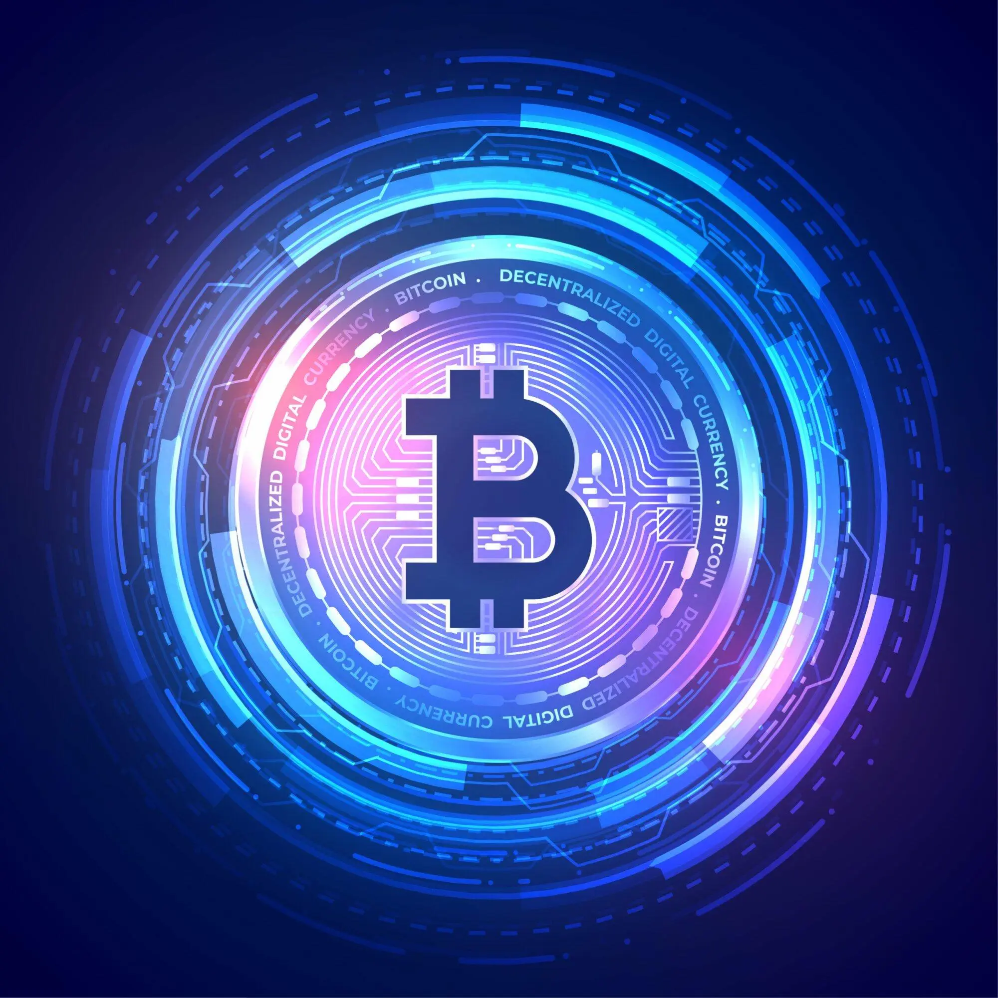 Bitcoin cryptocurrency symbol in a futuristic digital circuit design.